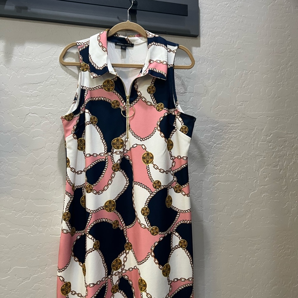 Boston Proper Pink and Navy Chain Print Dress